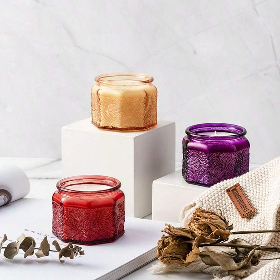 1 个八角形浮雕蜡烛罐，手工制作的大豆蜡八角形浮雕玻璃罐蜡烛，多种香味可供选择，适用于家居装饰、房间香薰、桌面装饰、节日和婚礼礼物