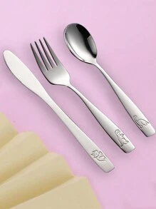 1件/2件/3件/6件不锈钢卡通餐具套装 - 叉子、刀子、勺子、返校餐具套装，适合1岁及以上儿童，学校用品 - 銀色 - 查看 2