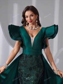 Vestito lungo da sera in raso con scollo a V, maniche a volant e paillettes, lungo fino a terra, abito da sera elegante per cerimonie, matrimoni, lauree, cene, Natale