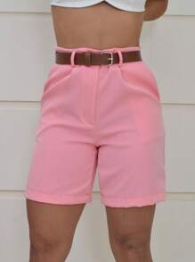 TAILORED BERMUDA SHORTS WITH FAKE LEATHER BELT FOR ELEGANT WOMEN - Màu Hồng baby - Xem 2