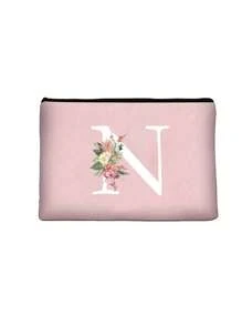 1pc Letter Initial Printed Cosmetic Bag, Pink Small Size, White A-Z Letter, Makeup Bag, Portable Toiletry Bag, Teacher's Day Gift, Reusable Makeup Bag, Women Minimalist Large Capacity Travel Makeup Bag - Pink - View 30