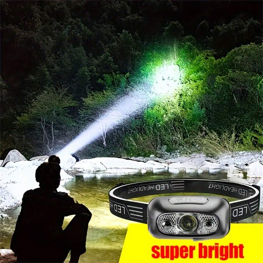 1个USB可充电LED波浪感应迷你头灯，带运动传感器的可充电LED头灯，适用于徒步旅行、露营、跑步和夜钓