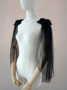 1 cặp khăn choàng vai nơ lưới đen, áo choàng ngắn có thể tháo rời dùng để trang trí váy Halloween, quần áo mùa thu cho nữ - nơ đen - Xem 3