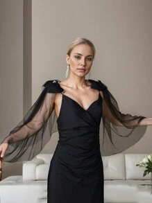 1 cặp khăn choàng vai nơ lưới đen, áo choàng ngắn có thể tháo rời dùng để trang trí váy Halloween, quần áo mùa thu cho nữ - nơ đen - Xem 5