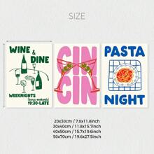 1pc/3PCS Fashion Cin Wine Pink Minimalist Kitchen Canvas Wall Art Print, Retro Wine Poster, Pasta Night Food Print, Bar Cart Wall Art, Bedroom Living Room Hallway Restaurant Art, Room Decor, Wall Decor, Home Decor, Summer Decoration, No Frame Gifts Birthday Graduation Kitchen Decor