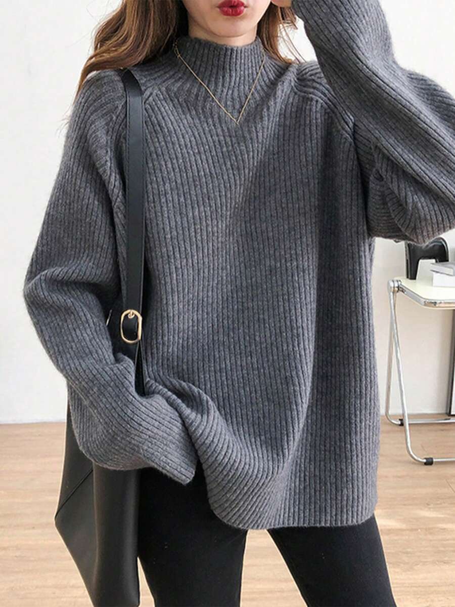 女士休闲简约套头毛衣，秋冬 - 灰色 - 查看 1