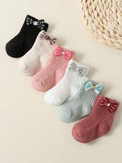6 pares de calcetines de algodón transpirables con decoración de lazo para niñas bebés, adecuados para todas las estaciones