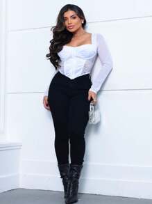 Cropped Top Corset Satin And Lace Fabric Long Sleeve Feminine Perfect For Parties Casual Elegant Fashion Blogger Shiny Dinner Event Sensual - Blanco - Ver 4