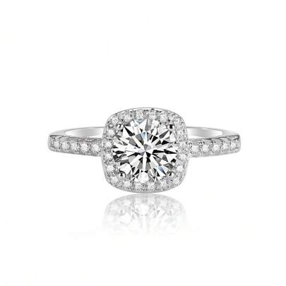 1pc 0.5/1/2 Carat 4-Prong Round Moissanite Engagement Ring, D Color VVS1 Clarity Diamond Wedding Band, 925 Sterling Silver 18K White Gold Plated Wedding Ring, Valentine's Day/Anniversary Gift