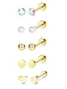 10pcs Small Hypoallergenic Flat Back Stud Earrings For Women Men Golden Plated Stainless Steel Earring Sets Tiny Screw Back Cartilage Earring