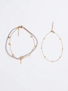 3pcs/Set Personalized Fashionable Multi-Layered Velveteen Sun & Pentagram Pendant Necklace Set Including 3-Layered Rhinestone Choker Necklace - Yellow Gold - View 3