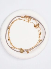 3pcs/Set Personalized Fashionable Multi-Layered Velveteen Sun & Pentagram Pendant Necklace Set Including 3-Layered Rhinestone Choker Necklace - Yellow Gold - View 2