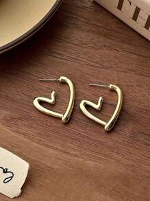 1pair Heart Shaped Hoop Earrings, Elegant Jewelry Gift For Valentine's Day, Daily Wear For Women Valentines,Mom,Mother,Mother's Day,Gift - Gold - View 4