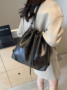 Large Capacity Niche Commuter Backpack For Women, New PU Leather Drawstring Bucket Shoulder Bag - Coffee Brown - View 4