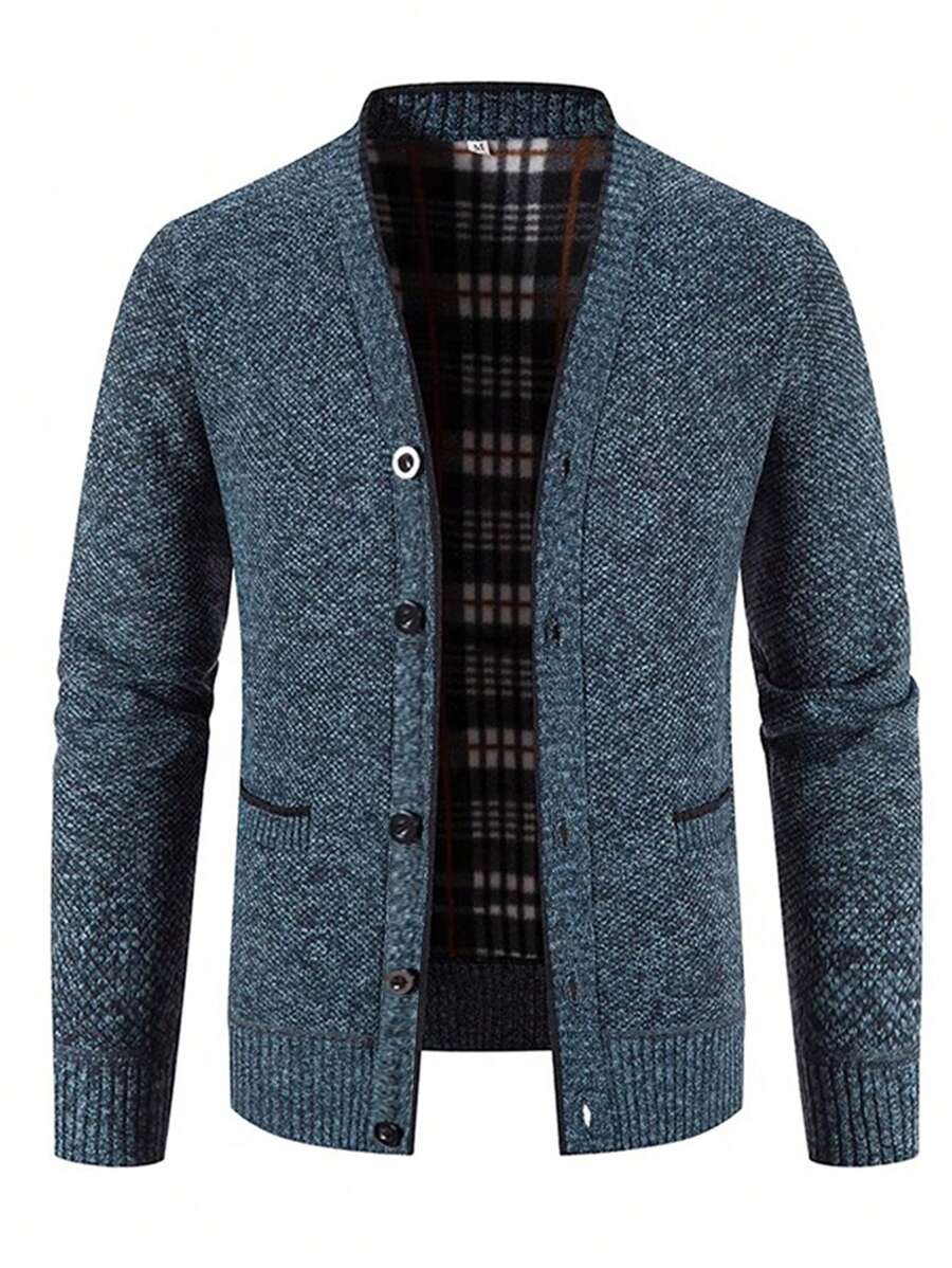 Men's Knitted Cardigan, Thermal Lined, Thick Casual Warm Full Zip Sweater Jacket With Pockets - Burgundy - View 1