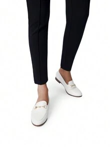 Loafers Women Shoes Leather Penny Loafers With Metallic Accessories TPR Outsole Classic Elegant Fashion Comfortable Dating Flats Shoes - Trắng-PU - Xem 5
