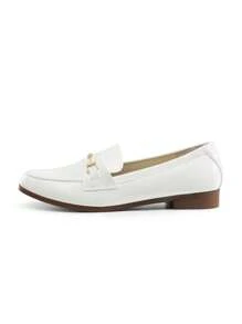 Loafers Women Shoes Leather Penny Loafers With Metallic Accessories TPR Outsole Classic Elegant Fashion Comfortable Dating Flats Shoes - Trắng-PU - Xem 4