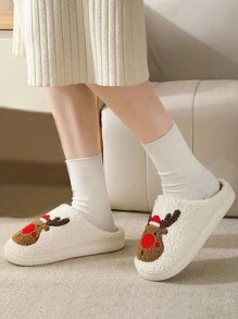 Christmas Style Pattern Fuzzy Slippers For Women And Men, Winter Warm Closed Toe Flat Floor Shoes, Cozy Soft Sole Home Slippers