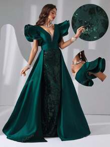 Vestito lungo da sera in raso con scollo a V, maniche a volant e paillettes, lungo fino a terra, abito da sera elegante per cerimonie, matrimoni, lauree, cene, Natale