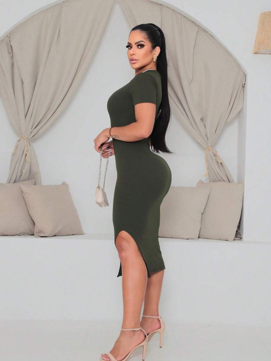 Midi Dress With Side Opening In Wrinkled Ana Fabric - Army Green - View 1