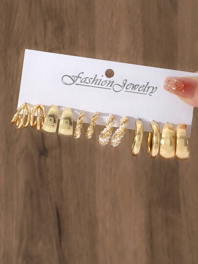 12pcs/Set Creative Screw Hoop Earrings For Women, Alloy With Faux Pearl Decor, Suitable For Daily Wear And Party