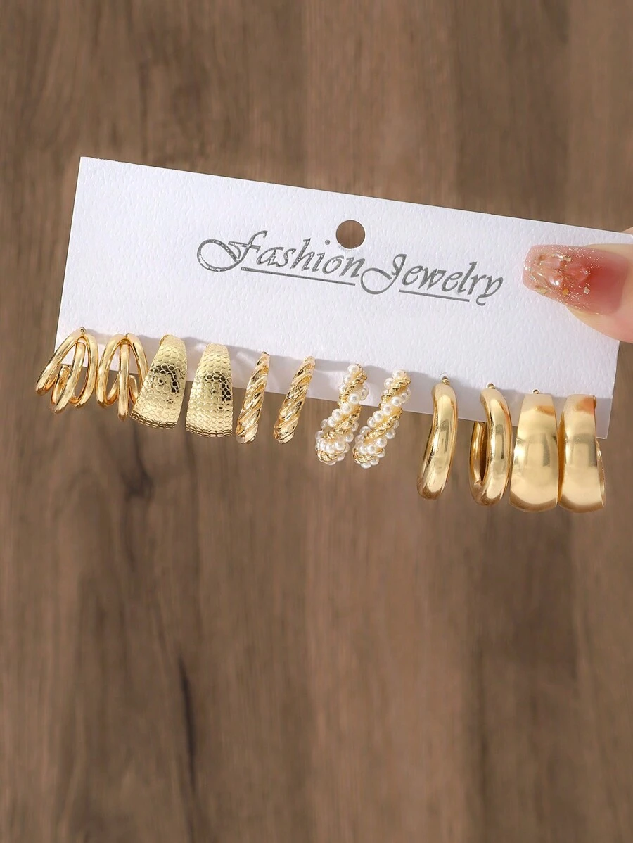 12pcs/Set Creative Screw Hoop Earrings For Women, Alloy With Faux Pearl Decor, Suitable For Daily Wear And Party