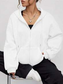 Casual Loose Zip Up Dropped Shoulder Drawstring Lined Hoodie Sweatshirt For Women
