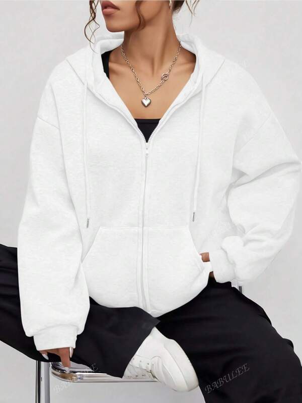Casual Loose Zip Up Dropped Shoulder Drawstring Lined Hoodie Sweatshirt For Women