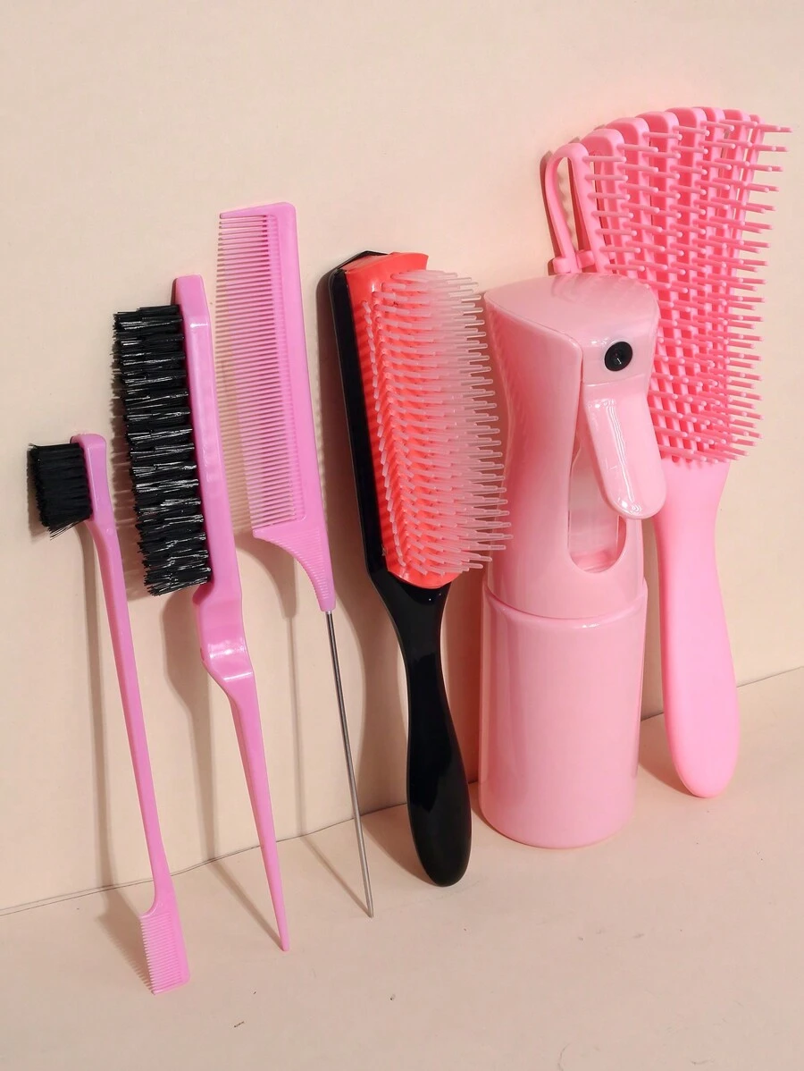 6pcs Hair Brush Set, 9-Row Nylon Cushion Brush, Tail Comb, Suitable For African American Hair Types Including Curly, Wavy, Coily, Wet/Dry/Oily/Thick/Long Hair, Easily Detangles Curly Hair, Fits 3A To 4C Curl Patterns, Dual Use Wet & Dry, Includes 200ml Spray Bottle