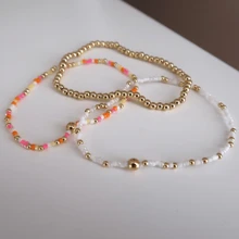 2-3pcs Minimalist Gold Bead Interval Colored Rice Bead 18k Gold-Plated Copper Bead Gold Bead Women's Bracelet Set Gift For Her, Wife, Women