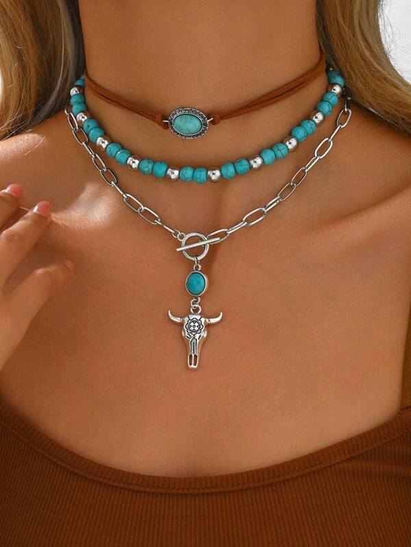 3 stuks/set Western Country Boho Turquoise Bull Head hanger kettingset, vintage choker ketting voor dagelijks gebruik en vakantie