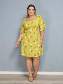 Women's Plus Size Printed Short Dress - flor verde lima - Ver 1