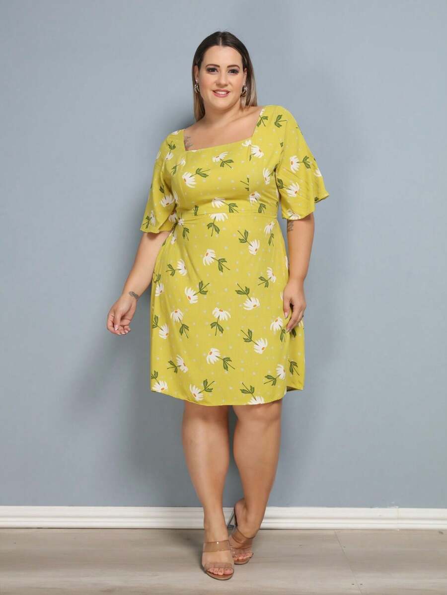 Women's Plus Size Printed Short Dress - flor verde lima - Ver 1
