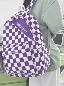 Classic Backpack Checkerboard Pattern Color Matching Preppy With Handbag Accessory, School Backpack - Purple - View 1