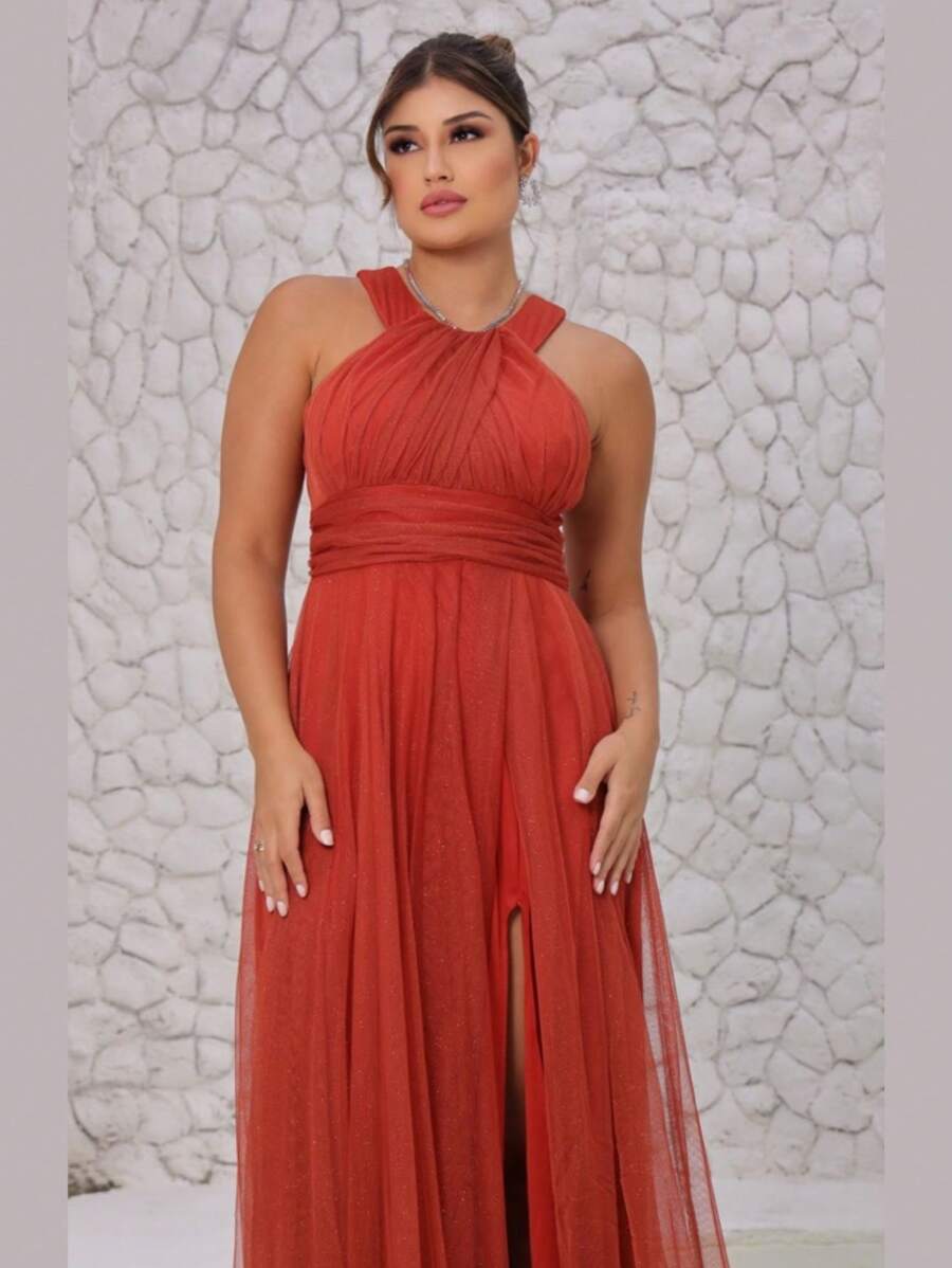 Women's Long Tulle Dress With Shiny Color Collar And Slit Party Prom Fashion - 橘色 - 查看 1