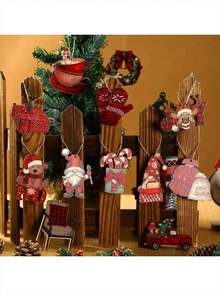 12pcs/24pcs/36pcs Christmas Hand-Crafted Wooden Ornaments With Designs Of Santa, Teddy Bear, Reindeer, Gift Box, Red Truck And Christmas Tree. Ideal For Hanging On Doors, Shelves, Fireplaces, Christmas Trees, Windows Or Anywhere To Create A Festive Atmosphere For Homes, Offices And Parties. A Thoughtful Gift For Family, Friends, Teachers And Children. - Multicolor - View 3