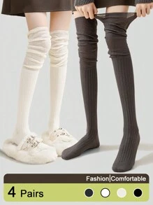 4 双女士纯色竖条纹过膝袜，秋冬款