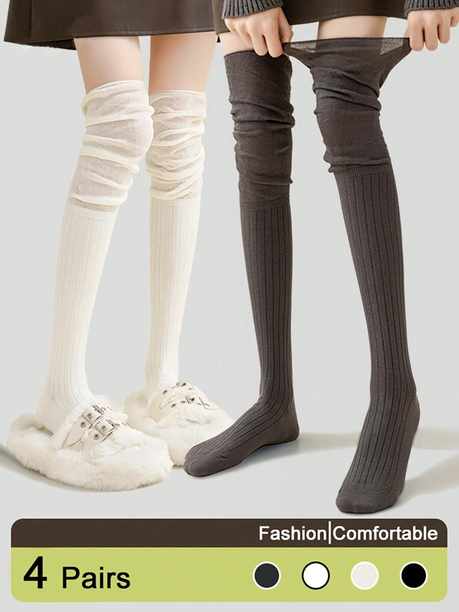 4 双女士纯色竖条纹过膝袜，秋冬款