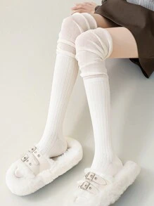 4 双女士纯色竖条纹过膝袜，秋冬款