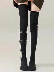 4 双女士纯色竖条纹过膝袜，秋冬款