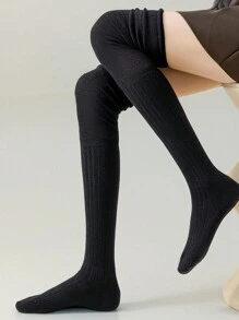 4 双女士纯色竖条纹过膝袜，秋冬款