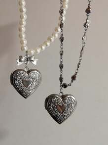 1 pieza Collar con colgante en forma de corazón y lazo, perla falsa, estilo gótico Kpop Harajuku, estética, para mujer y niña, Y2k, 2000s, EMO, vintage, punk, accesorios de joyería, regalo para San Valentín, mamá, madre, Día de la Madre
