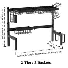2 层水槽上方碗碟干燥架，厨房水槽上方大型碗碟干燥架，适用于厨房水槽收纳架的大型碗碟架（26 英寸 - 33.5 英寸），适用于大多数水槽，有效干燥碗碟（可扩展高度和长度），带多个篮子餐具架杯架的厨房干燥架