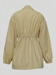 Cappotto di moda casual da donna per autunno e inverno con maniche lunghe, coulisse, bavero e tasche con zip - Cachi - Visualizzare 5