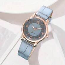 1 chiếc đồng hồ thạch anh mặt số vân gỗ kỹ thuật số đa năng thông thường bằng da PU dành cho nữ, thích hợp để đeo hàng ngày - Màu xanh lam - Xem 1