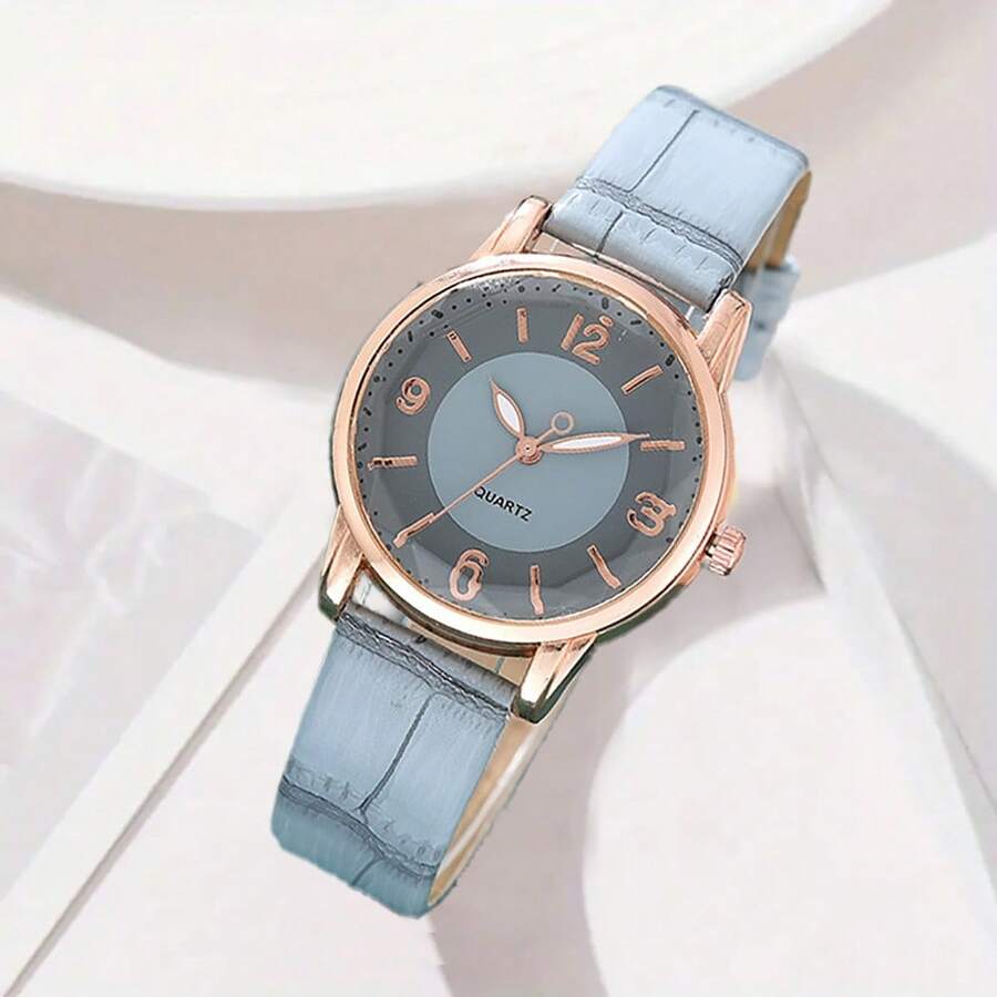 1 chiếc đồng hồ thạch anh mặt số vân gỗ kỹ thuật số đa năng thông thường bằng da PU dành cho nữ, thích hợp để đeo hàng ngày - Màu xanh lam - Xem 1