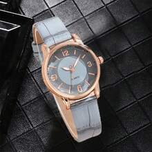 1 chiếc đồng hồ thạch anh mặt số vân gỗ kỹ thuật số đa năng thông thường bằng da PU dành cho nữ, thích hợp để đeo hàng ngày - Màu xanh lam - Xem 2