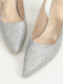 Women's High Heel Pointed Toe Crystal Embellished Shiny Sequin Bridal Bridesmaid Shoes, Silver