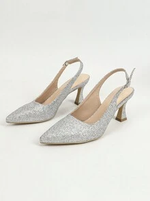 Women's High Heel Pointed Toe Crystal Embellished Shiny Sequin Bridal Bridesmaid Shoes, Silver