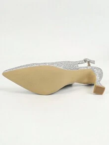 Women's High Heel Pointed Toe Crystal Embellished Shiny Sequin Bridal Bridesmaid Shoes, Silver